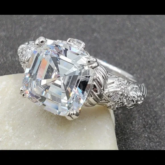Judith Ripka Asscher Cut Fleur de lis diamonique sterling ring